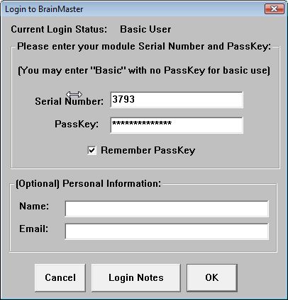 Login to BrainMaster screen