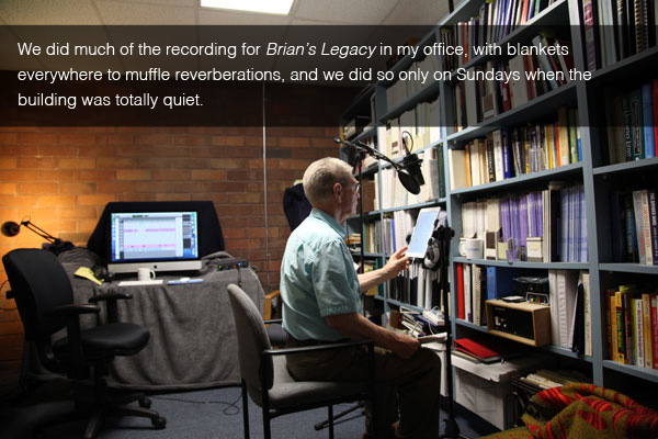 Siegfried Othmer recording audio tracks for Brian's Legacy in his office, with blankets everywhere to muffle reverberations.